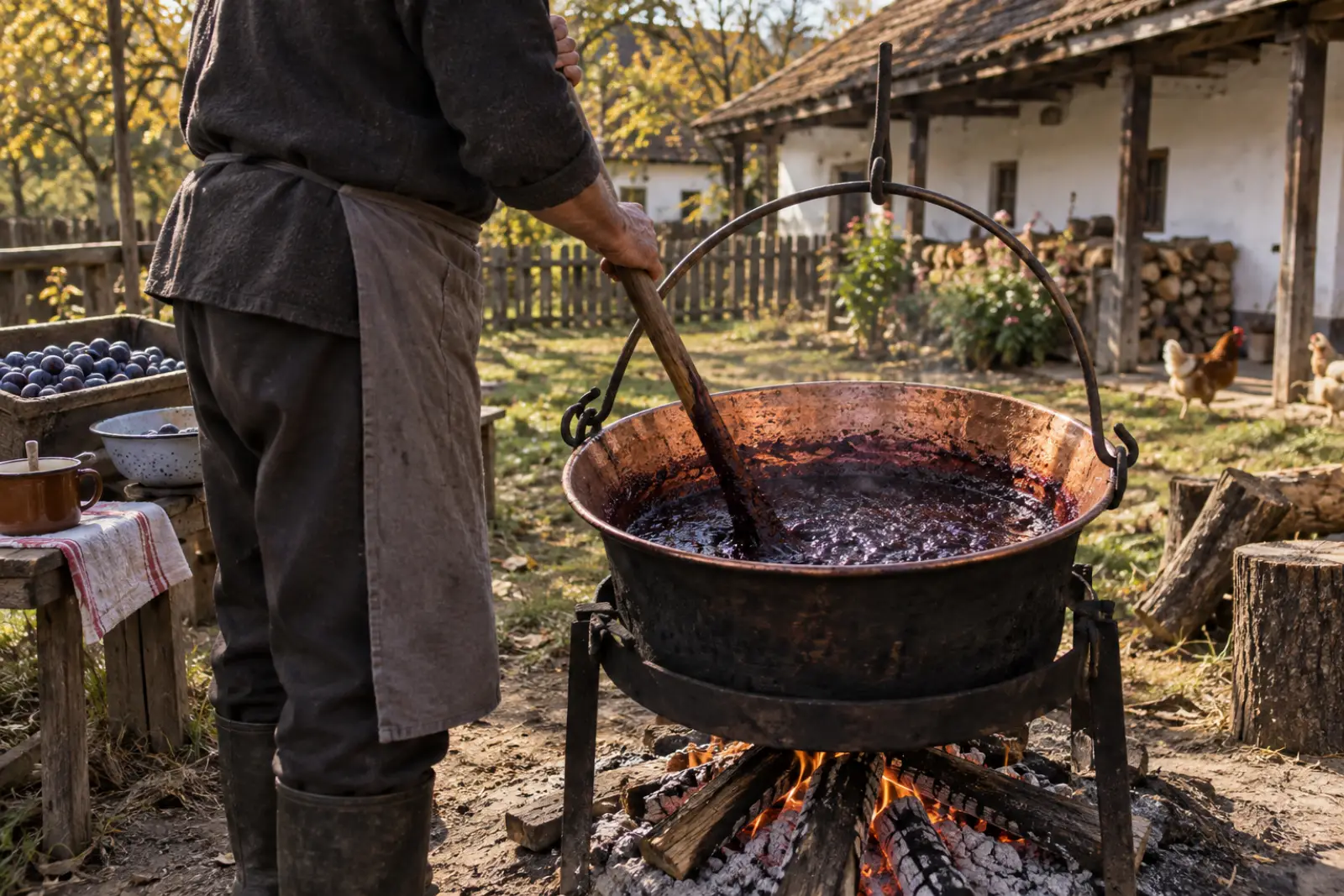 Szilvalekvár fő rézüstben a tűz felett, egy ember hosszú falapáttal keveri.